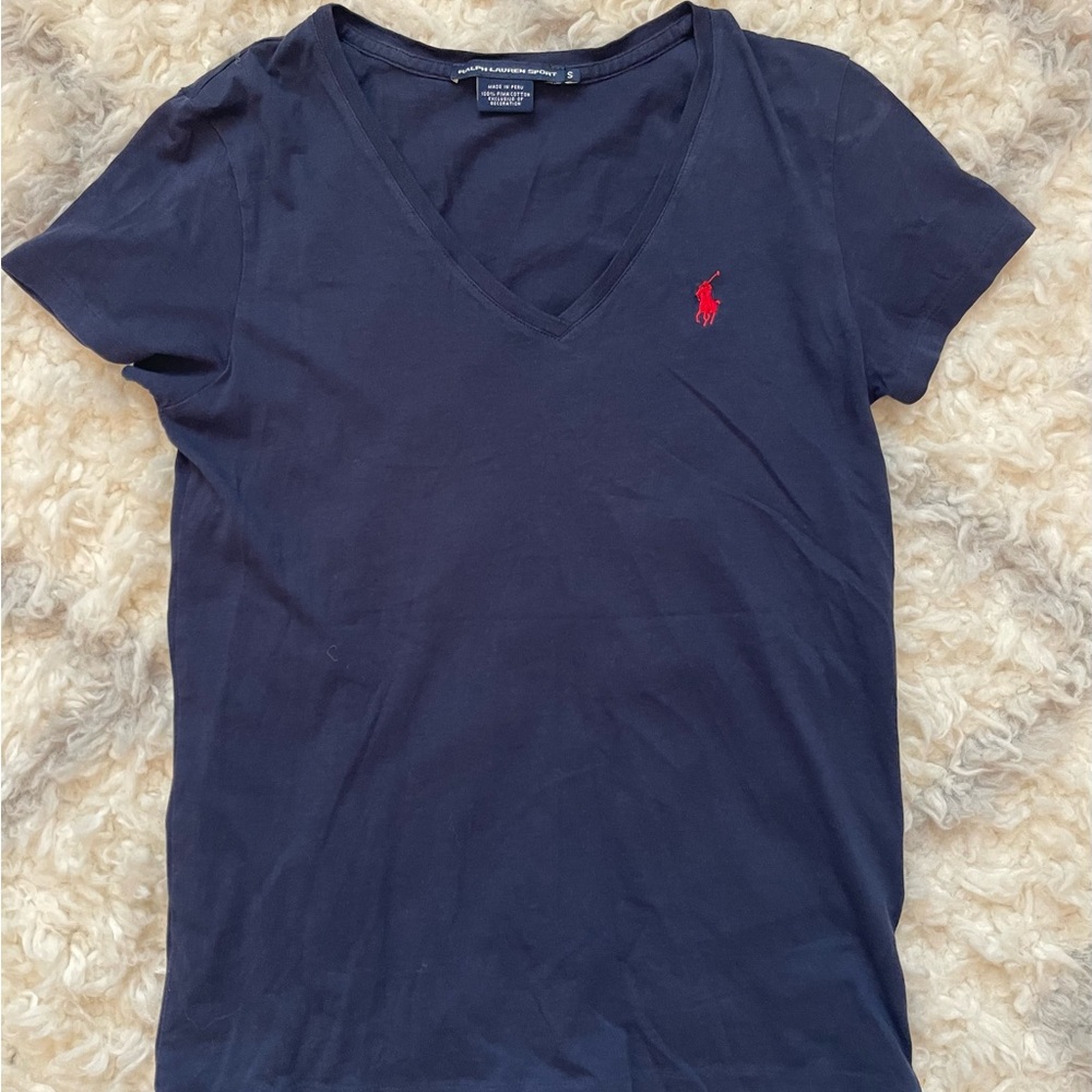 Ralph Lauren Dark Blue V-Neck Tee with Red Logo